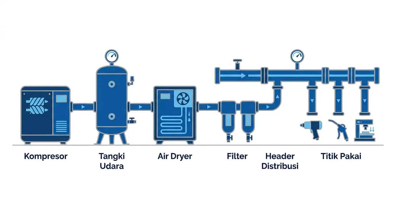 Cara Menghitung Kebutuhan Kompresor Udara (CFM) — Diagram jalur udara bertekanan: kompresor, tangki, dryer, filter, hingga titik pakai