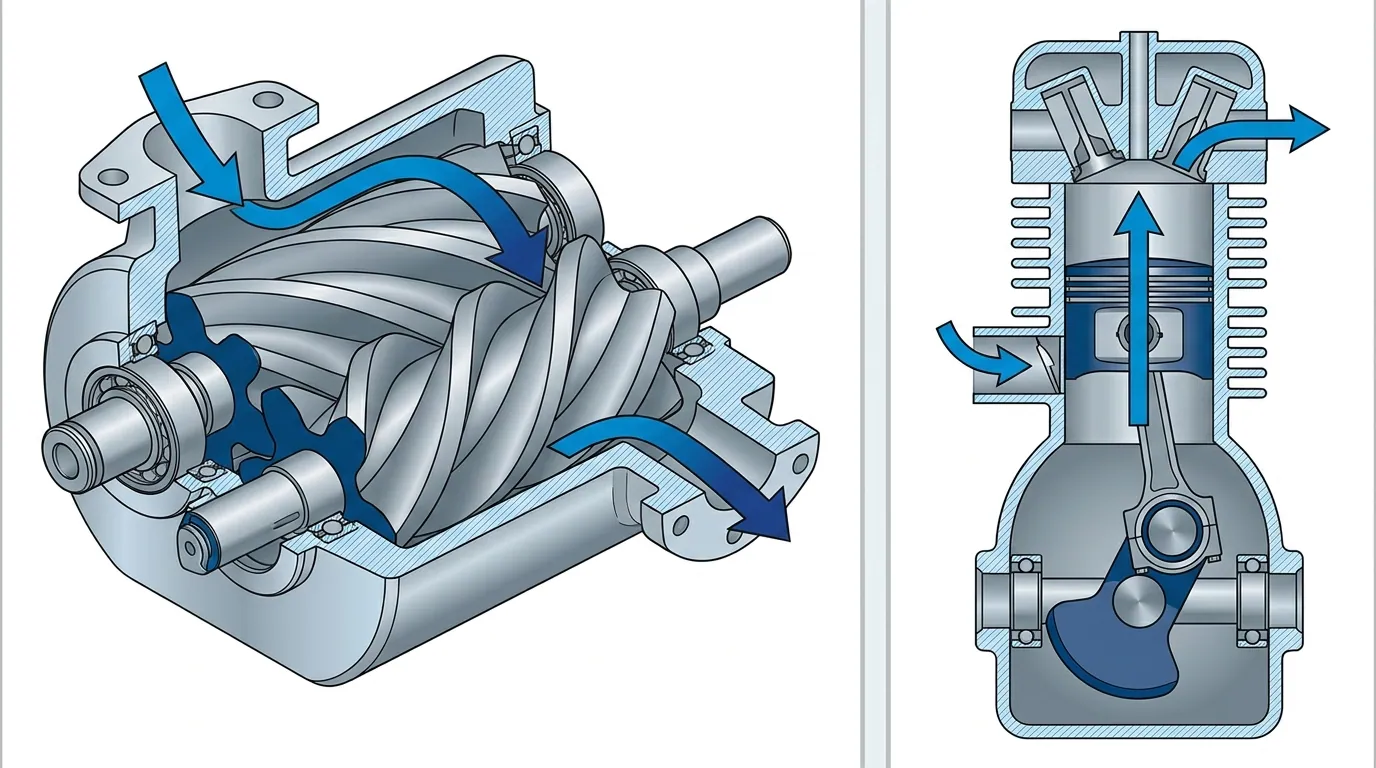 Kompresor Screw vs Piston — Mana yang Tepat? — Perbandingan potongan elemen screw dan mekanisme torak berdampingan