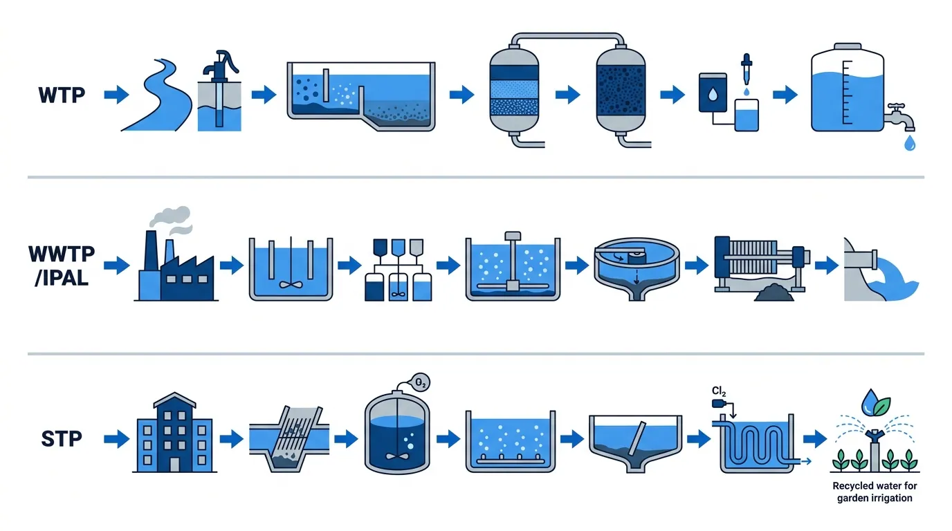 Perbedaan WTP, WWTP, STP, dan IPAL — Diagram alur WTP, WWTP/IPAL, dan STP beserta masukan dan keluarannya