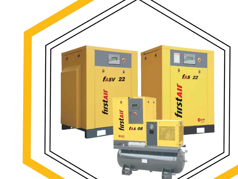Fusheng / First Air — Screw compressor First Air FASV 22 berkecepatan variabel dan FAS 22 berdampingan, dengan unit FAS 08 tank-mounted di depannya