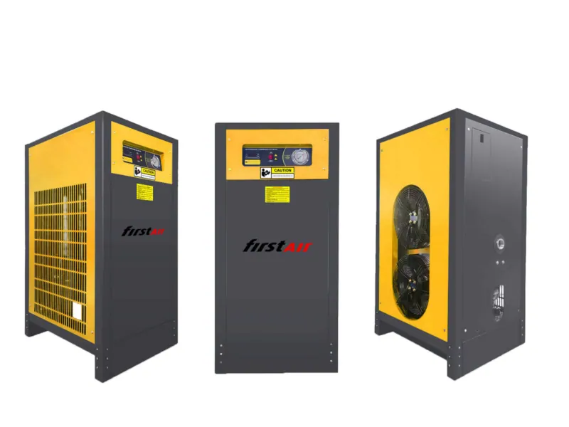 Fusheng / First Air — Refrigerated air dryer seri FAR dari tiga sisi: panel kontrol, kisi-kisi kondensor, dan fan pendingin