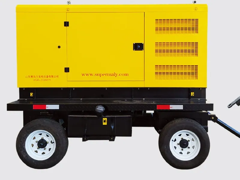 Supermaly — Genset mobile trailer Supermaly di atas rangka empat roda dengan batang penarik