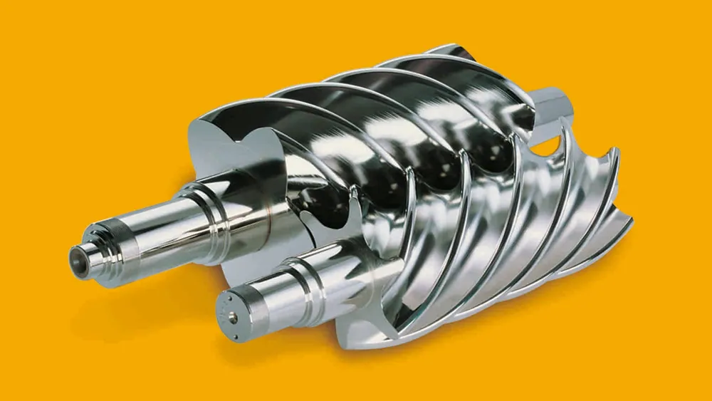 Sepasang rotor kompresor screw — bagian yang berputar berpasangan untuk menekan udara