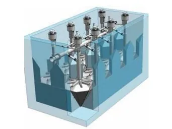 Flowing Sand Filter — Potongan flowing sand filter: aliran ke atas melalui bed pasir, dengan air lift pengangkat dan pencuci pasir di tengah