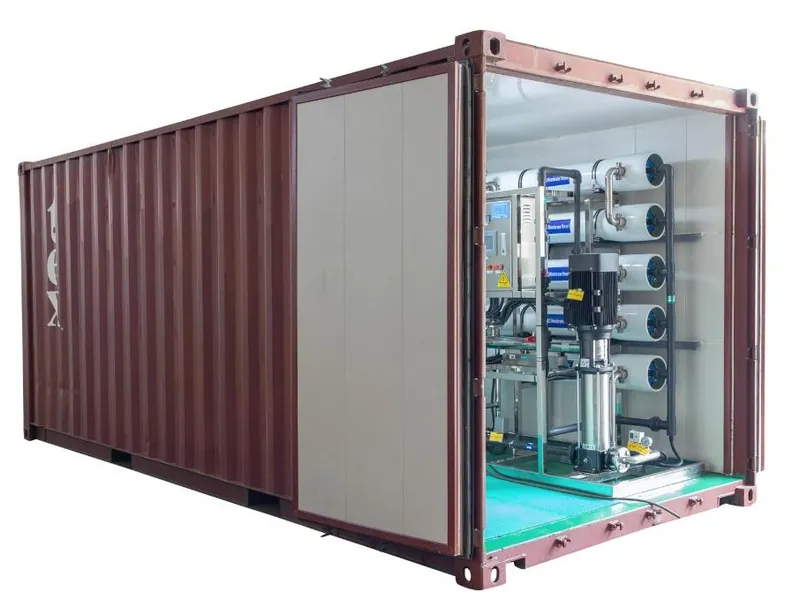 Membrane Separation System (MF / UF / NF / RO) — Sistem separasi membran terpasang di dalam kontainer: rumah membran, cartridge filter, pompa, dan panel kontrol