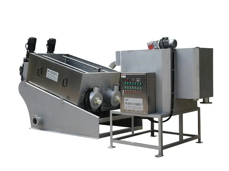 Screw Press Sludge Dewatering — Screw press pengering lumpur lengkap dengan tangki pengkondisi dan panel kontrol di satu rangka